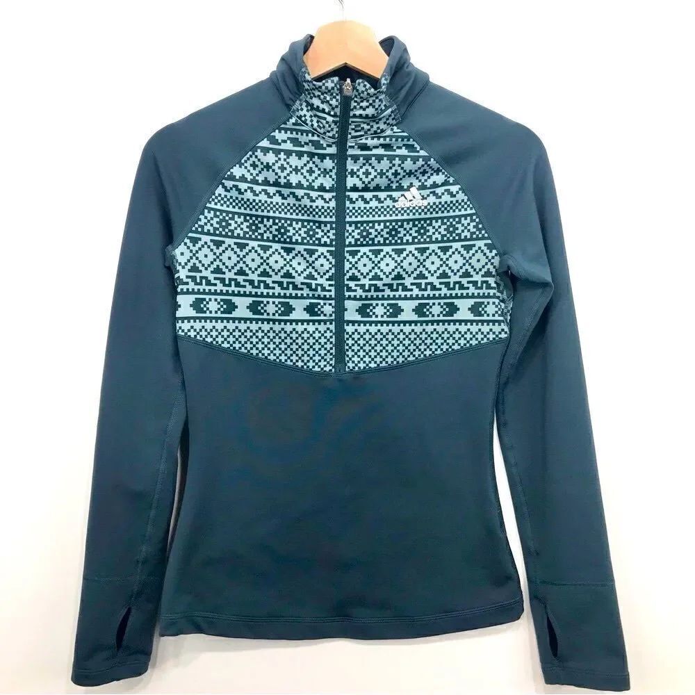 Adidas Climawarm Teal Nordic Pattern Half Zip Thumbhole Running Pullover